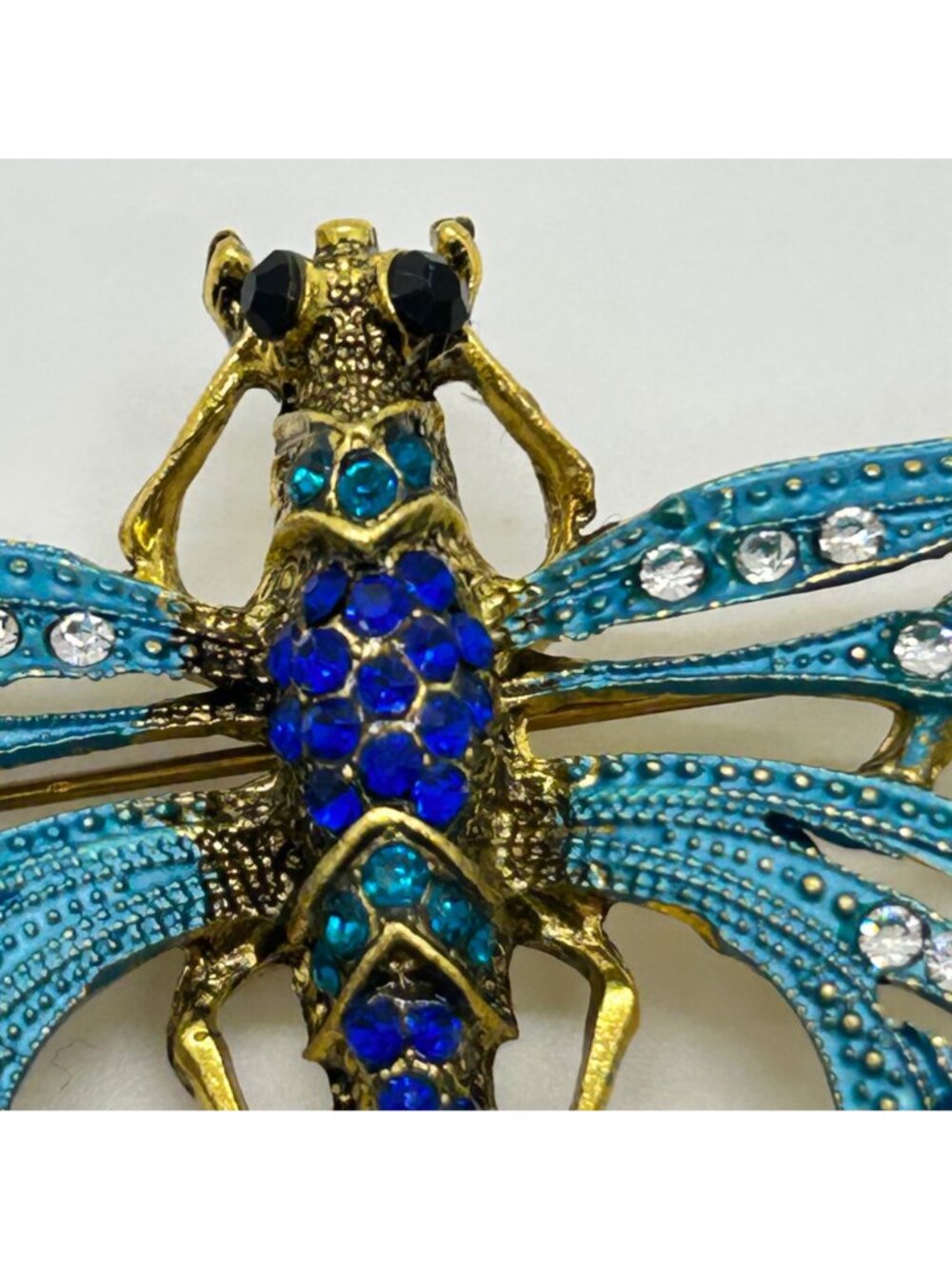 Dragonfly Brooch Articulated Tail Blue Teal Rhinestones Statement 5 inch Insect - Picture 5 of 16